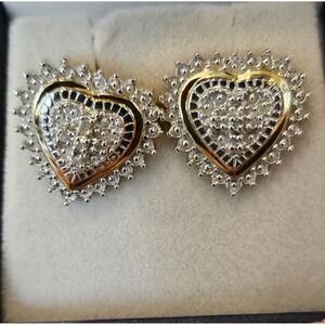 Diamond Heart Stud Earrings‎ Sterling Silver 14kt Gold Overlay Elegant